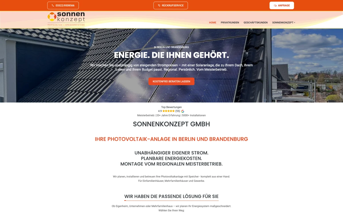 Sonnenkonzept, Startseite mit dem Schriftzug Energie, die Ihnen gehört