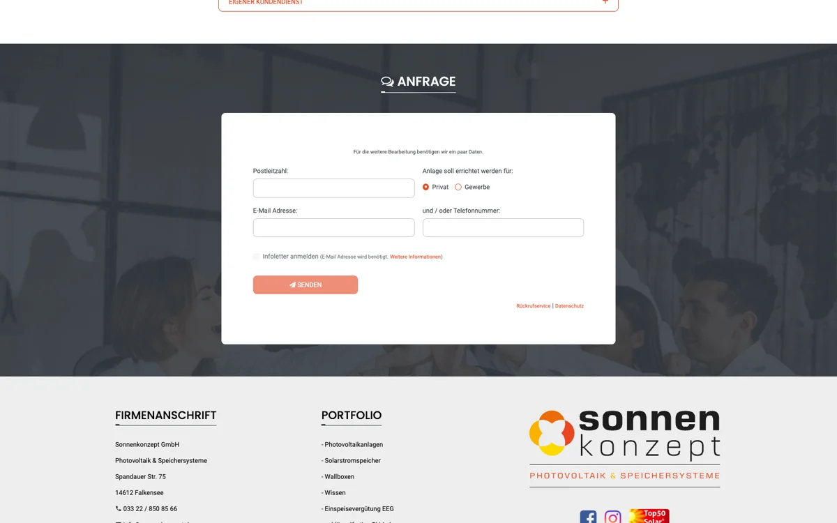 Sonnenkonzept, Kontakt-Anfrageformular